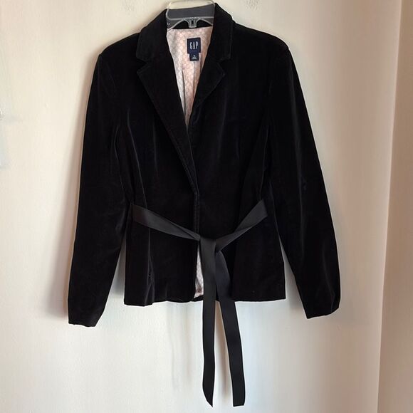 GAP Vintage Velvet Blazer with Belt women black suit jacket with tie size 13 GUC - Picture 1 of 10